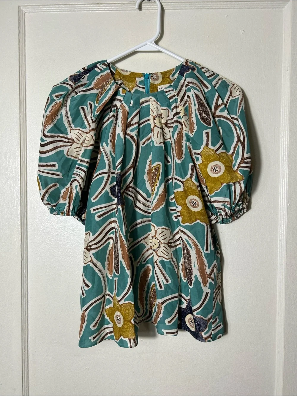 Ulla Johnson Anila silk top blue floral puff sleeve womens 0